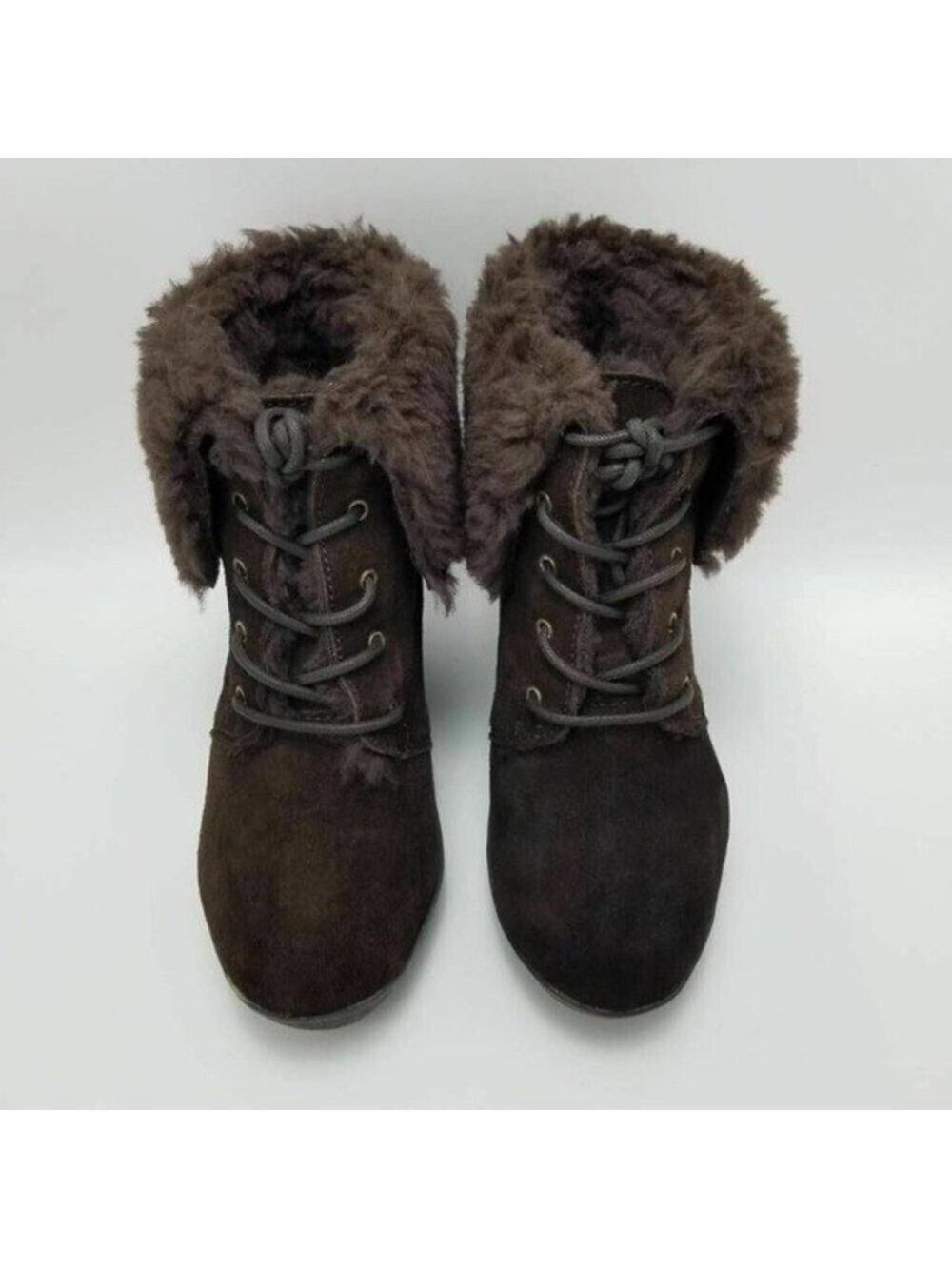 BEARPAW Flatiron Sheepskin Leather Suede Wedge Boots Brown Size 7 - Picture 3 of 11